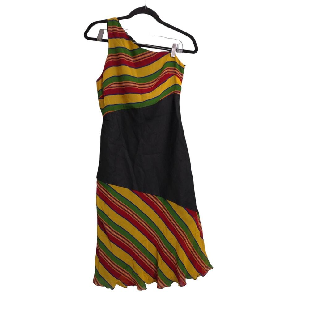 Castelbajac Womens Shift Dress Black Striped One Shoulder Flutter Hem Italy 42